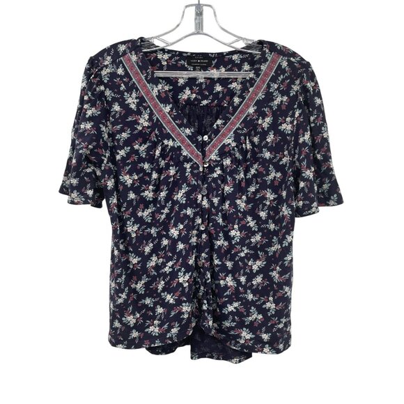 Lucky Brand Womens Floral Button Up Top Short Sleeve V-Neck Size Medium - Picture 1 of 9